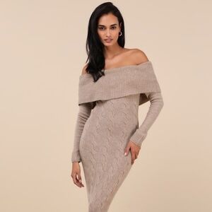 Lulus Cozy Excellence Heather Beige Off-the-shoulder Sweater Dress - Size M